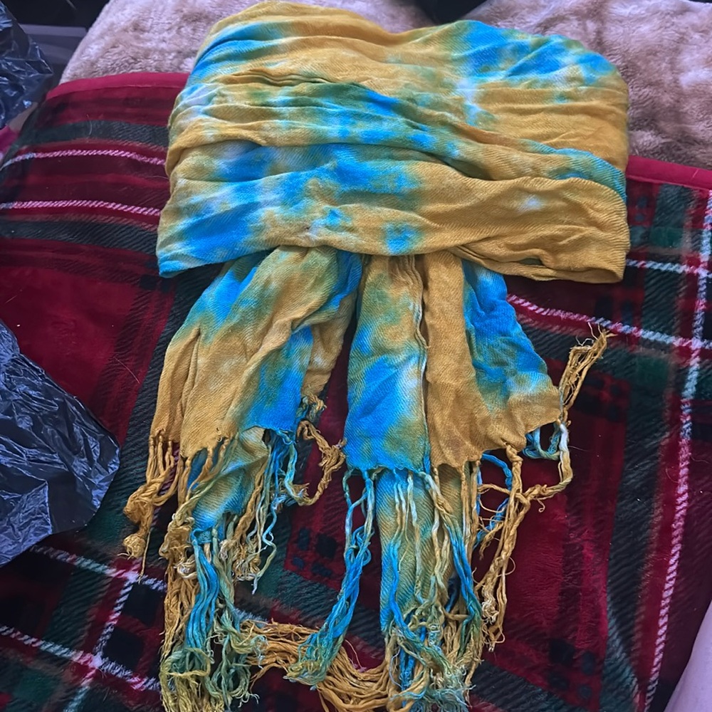Long yellow and blue tie-dye scarf/wrap